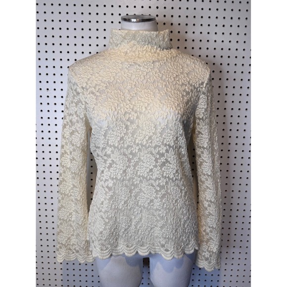 metrostyle Tops - Vintage | 90s Y2K Metrostyle Cream Floral Lace Mock Neck Scalloped Hem Top Sz. M